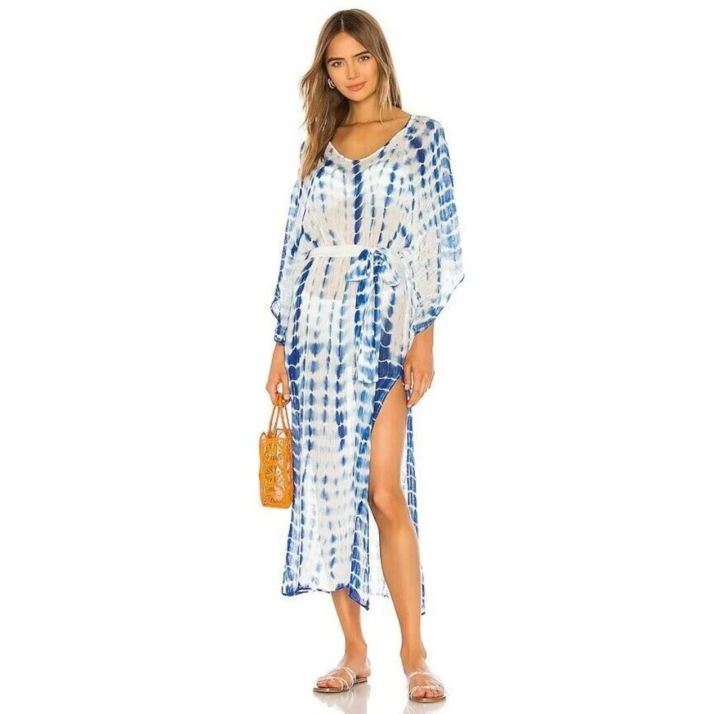 Michael Stars Nicole Tie Dye Caftan Blue Multi Gauze Cover Up